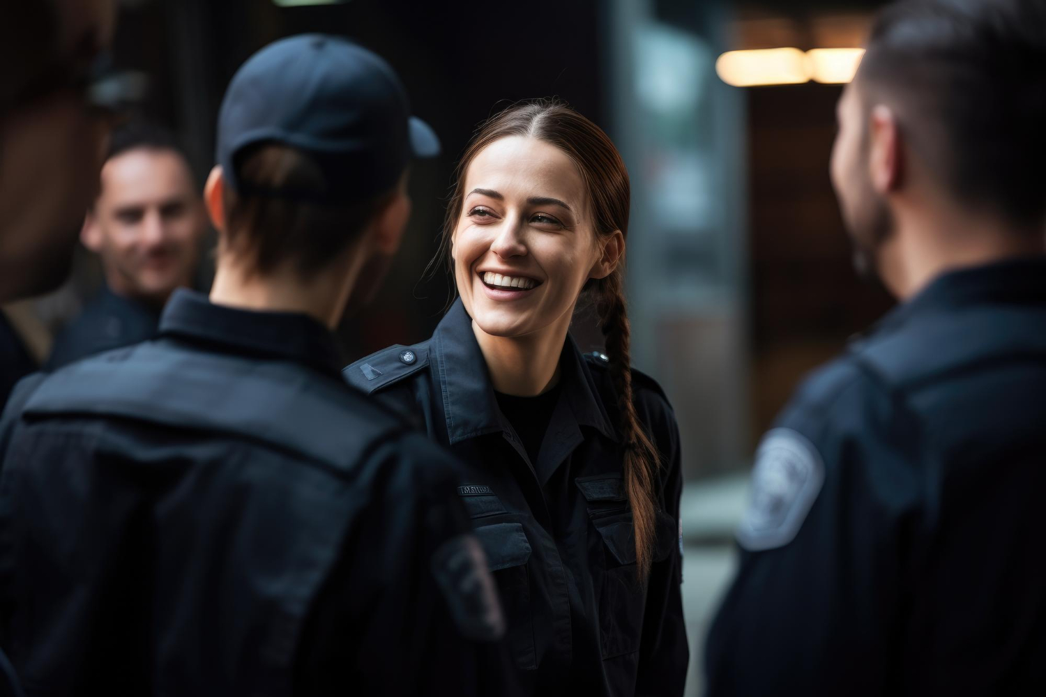 Sicherheitskräfte im Einsatzgespräch, lächelnde Mitarbeiterin in Uniform