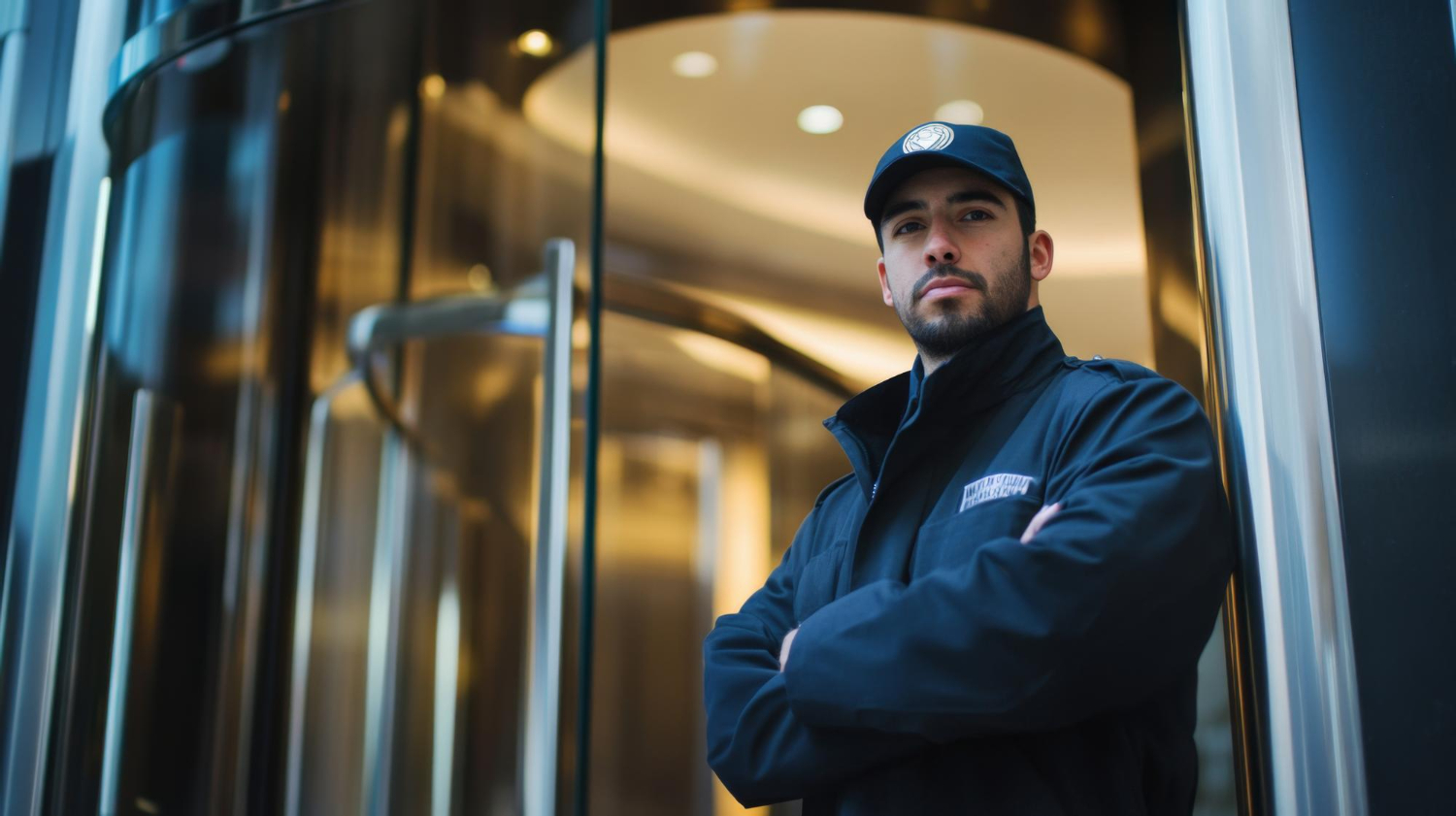 Uniformierter Sicherheitsmitarbeiter am Gebäudeeingang